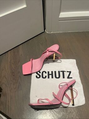 SCHUTZ Pink Strappy Square-Toe Stiletto Sandals